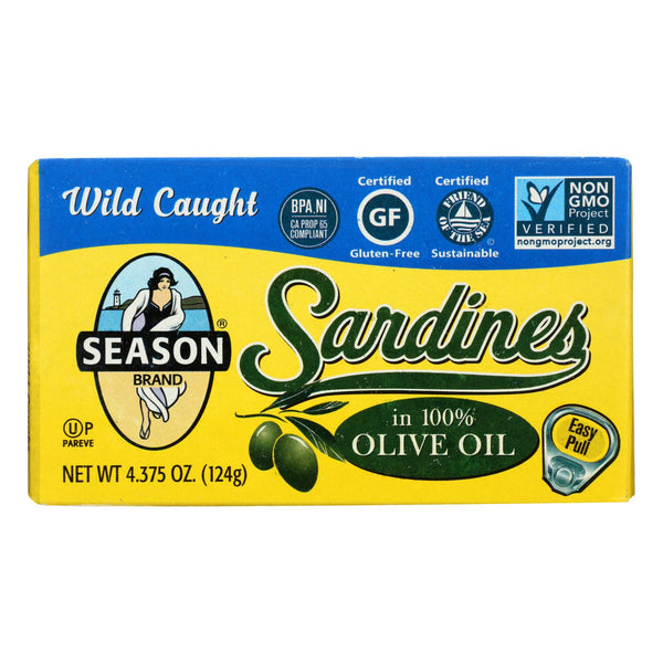 Season Brand Sardines In Pure Olive Oil - Salt Added - Case Of 12 - 4.375 Oz.